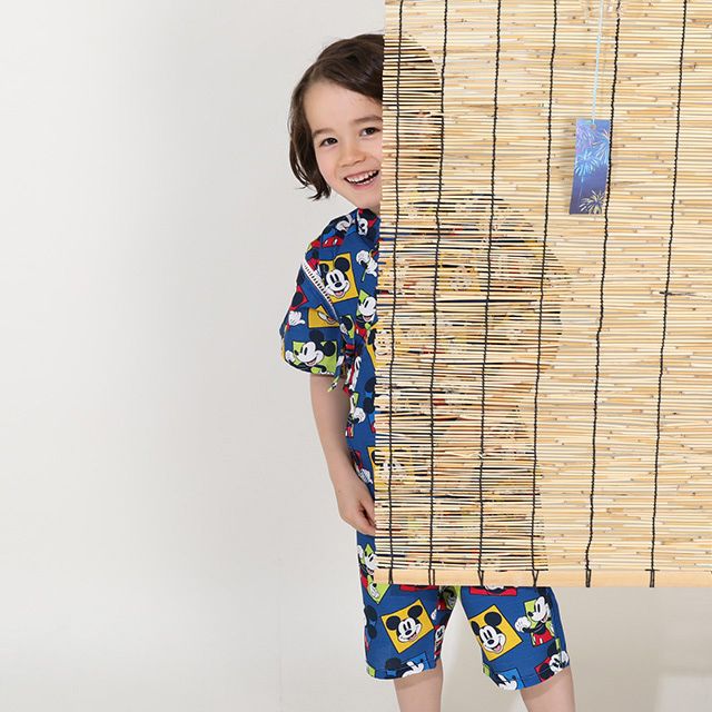 【ベビードール】ミッキー 甚平 上下2点セット 9571K / ベビーサイズ キッズ リンクコーデ ペアルック セットアップ 半袖 半ズボン ハーフパンツ ウエスト総ゴム ゴム穴付 速乾