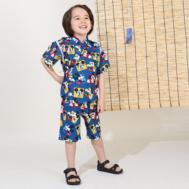 【ベビードール】ミッキー 甚平 上下2点セット 9571K / ベビーサイズ キッズ リンクコーデ ペアルック セットアップ 半袖 半ズボン ハーフパンツ ウエスト総ゴム ゴム穴付 速乾