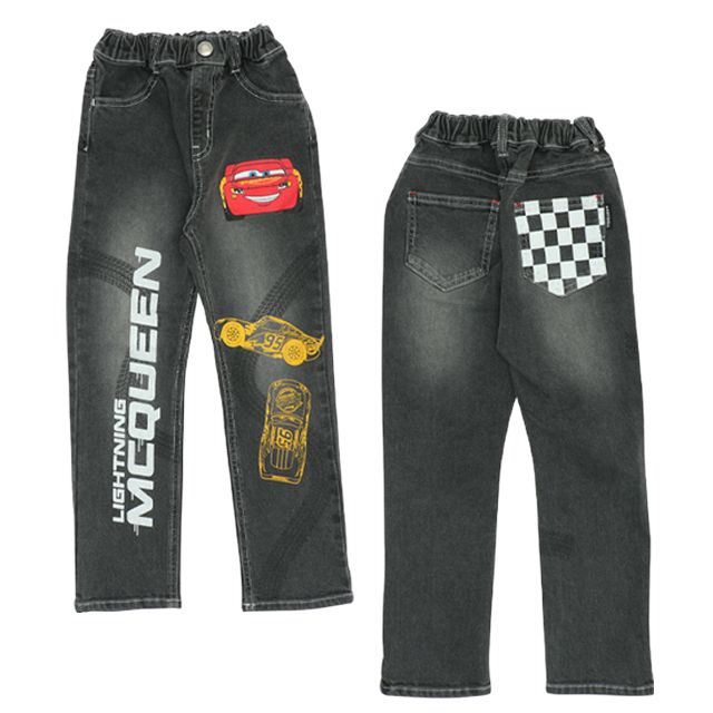 【ベビードール】カーズ ブラックデニムロングパンツ 9608K / ベビーサイズ キッズ ボトム 長ズボン ジーンズ ジーパン ウエスト総ゴム ゴム穴付き ベルトループ フェイクボタン ライトニング・マックィーン