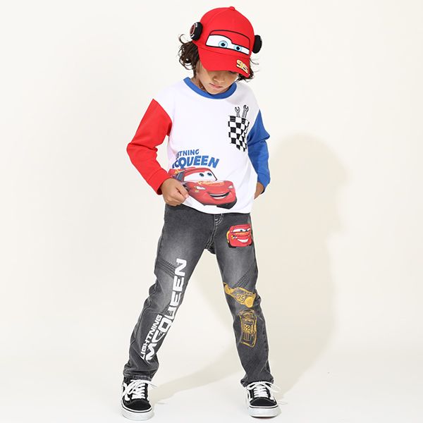 【ベビードール】カーズ ブラックデニムロングパンツ 9608K / ベビーサイズ キッズ ボトム 長ズボン ジーンズ ジーパン ウエスト総ゴム ゴム穴付き ベルトループ フェイクボタン ライトニング・マックィーン