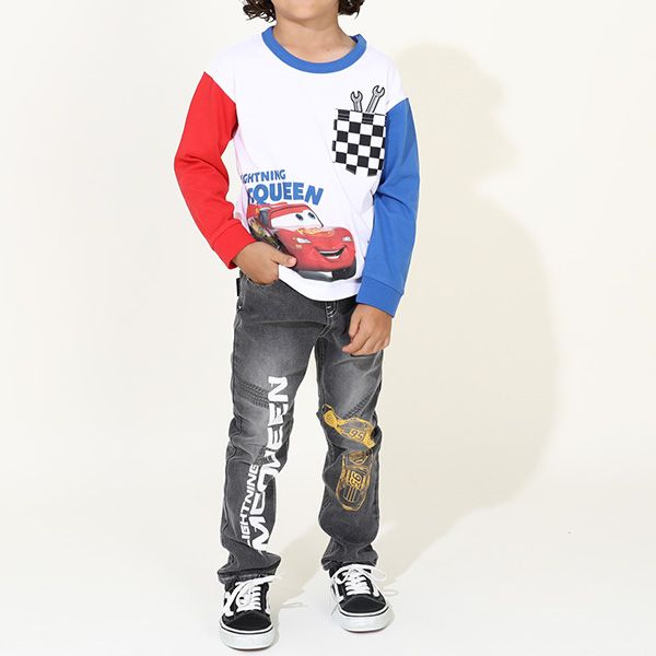 【ベビードール】カーズ ブラックデニムロングパンツ 9608K / ベビーサイズ キッズ ボトム 長ズボン ジーンズ ジーパン ウエスト総ゴム ゴム穴付き ベルトループ フェイクボタン ライトニング・マックィーン