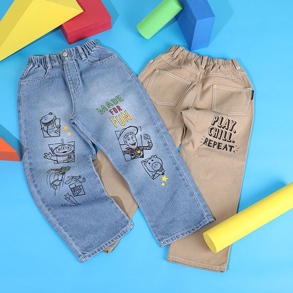 【ベビードール】トイ・ストーリー ストレートロングパンツ 9616K / ベビーサイズ キッズ ボトム 長ズボン ジーンズ ジーパン ウエスト総ゴム ゴム穴付 フェイクボタン ベルトループ ウッディ バズ・ライトイヤー リトルグリーンメン ハム レックス スリンキー・ドッグ