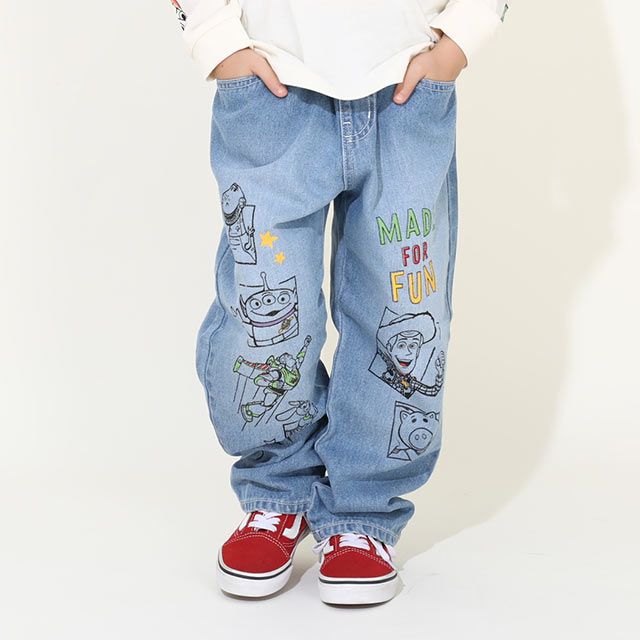 【ベビードール】トイ・ストーリー ストレートロングパンツ 9616K / ベビーサイズ キッズ ボトム 長ズボン ジーンズ ジーパン ウエスト総ゴム ゴム穴付 フェイクボタン ベルトループ ウッディ バズ・ライトイヤー リトルグリーンメン ハム レックス スリンキー・ドッグ