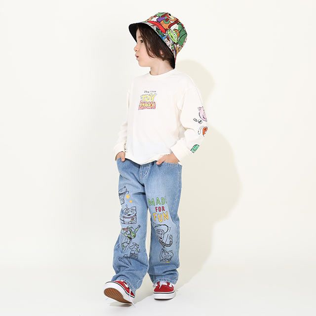 【ベビードール】トイ・ストーリー ストレートロングパンツ 9616K / ベビーサイズ キッズ ボトム 長ズボン ジーンズ ジーパン ウエスト総ゴム ゴム穴付 フェイクボタン ベルトループ ウッディ バズ・ライトイヤー リトルグリーンメン ハム レックス スリンキー・ドッグ