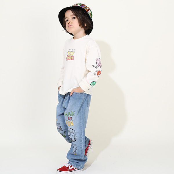 【ベビードール】トイ・ストーリー ストレートロングパンツ 9616K / ベビーサイズ キッズ ボトム 長ズボン ジーンズ ジーパン ウエスト総ゴム ゴム穴付 フェイクボタン ベルトループ ウッディ バズ・ライトイヤー リトルグリーンメン ハム レックス スリンキー・ドッグ