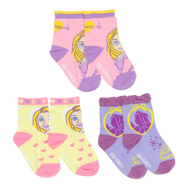 【ベビードール】ラプンツェル プリンセス / クルーソックスセット 9666 / キッズ くつ下 靴下 3足セット 3足組み 3点セット 13-16cm滑り止め付き 履き口フリル プチプラ プレゼント 贈り物