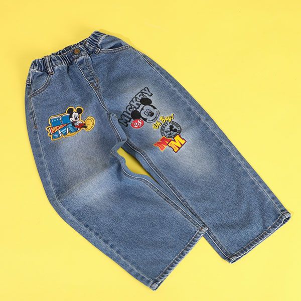【ベビードール】ミッキー デニムロングパンツ 9685K / ベビーサイズ キッズ ボトム ジーパン ジーンズ ワイドパンツ リンクコーデ ペアルック ウエスト総ゴム ゴム穴付き ベルトループ フェイクボタン アップリケ