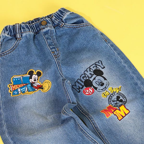 【ベビードール】ミッキー デニムロングパンツ 9685K / ベビーサイズ キッズ ボトム ジーパン ジーンズ ワイドパンツ リンクコーデ ペアルック ウエスト総ゴム ゴム穴付き ベルトループ フェイクボタン アップリケ