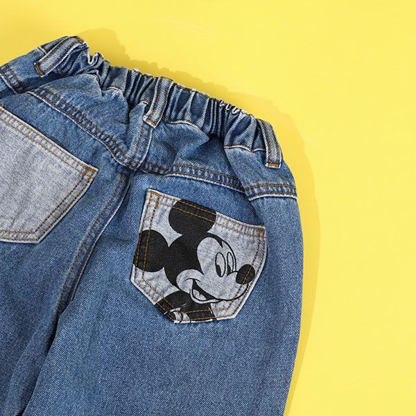 【ベビードール】ミッキー デニムロングパンツ 9685K / ベビーサイズ キッズ ボトム ジーパン ジーンズ ワイドパンツ リンクコーデ ペアルック ウエスト総ゴム ゴム穴付き ベルトループ フェイクボタン アップリケ