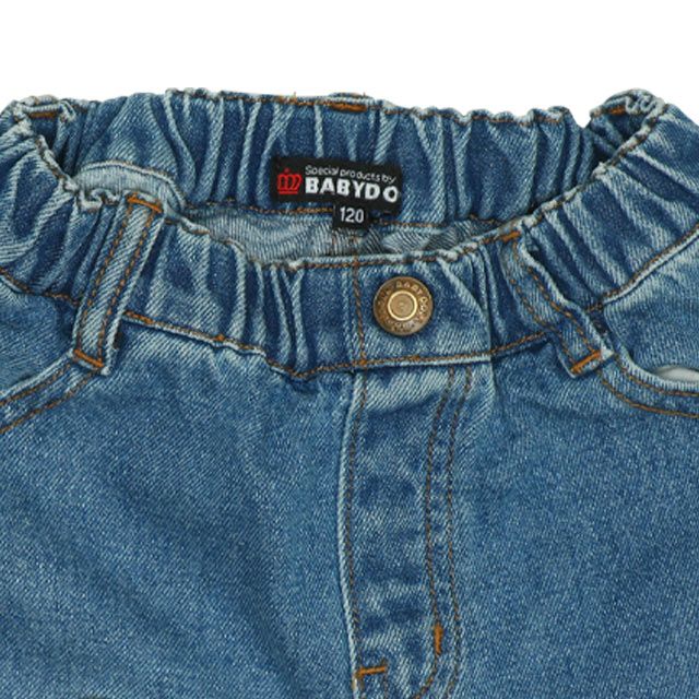 【ベビードール】ミッキー デニムロングパンツ 9685K / ベビーサイズ キッズ ボトム ジーパン ジーンズ ワイドパンツ リンクコーデ ペアルック ウエスト総ゴム ゴム穴付き ベルトループ フェイクボタン アップリケ