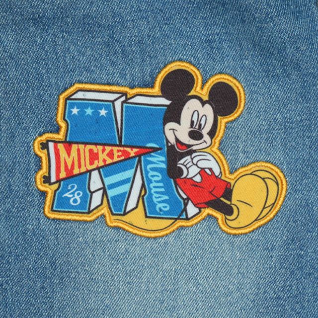 【ベビードール】ミッキー デニムロングパンツ 9685K / ベビーサイズ キッズ ボトム ジーパン ジーンズ ワイドパンツ リンクコーデ ペアルック ウエスト総ゴム ゴム穴付き ベルトループ フェイクボタン アップリケ