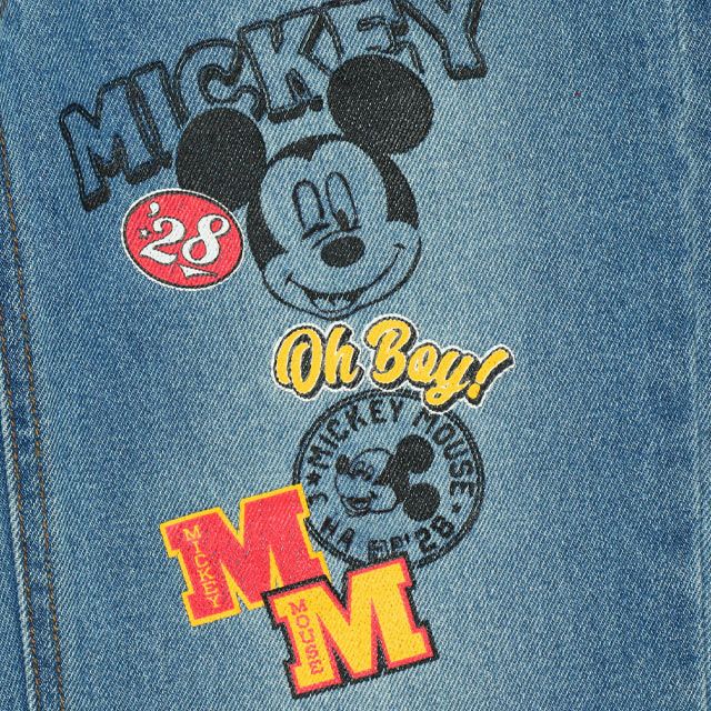 【ベビードール】ミッキー デニムロングパンツ 9685K / ベビーサイズ キッズ ボトム ジーパン ジーンズ ワイドパンツ リンクコーデ ペアルック ウエスト総ゴム ゴム穴付き ベルトループ フェイクボタン アップリケ