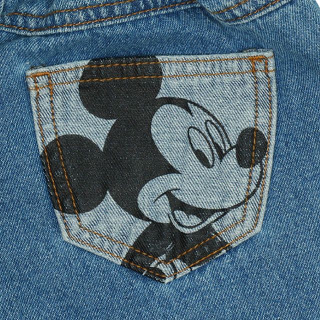 【ベビードール】ミッキー デニムロングパンツ 9685K / ベビーサイズ キッズ ボトム ジーパン ジーンズ ワイドパンツ リンクコーデ ペアルック ウエスト総ゴム ゴム穴付き ベルトループ フェイクボタン アップリケ