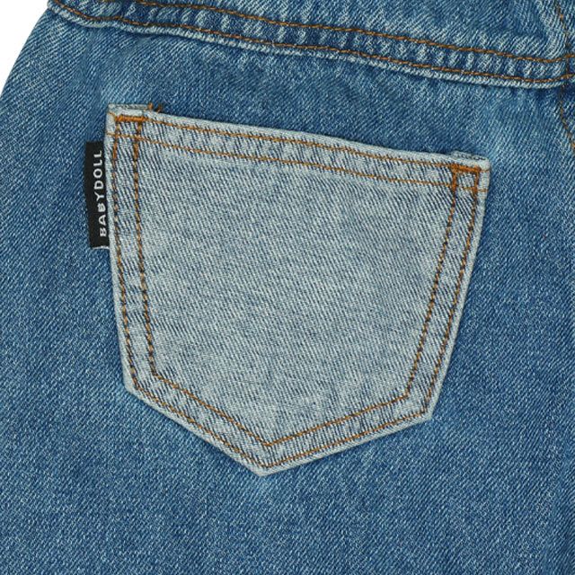 【ベビードール】ミッキー デニムロングパンツ 9685K / ベビーサイズ キッズ ボトム ジーパン ジーンズ ワイドパンツ リンクコーデ ペアルック ウエスト総ゴム ゴム穴付き ベルトループ フェイクボタン アップリケ