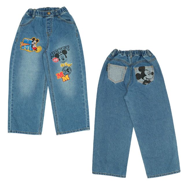 【ベビードール】ミッキー デニムロングパンツ 9685K / ベビーサイズ キッズ ボトム ジーパン ジーンズ ワイドパンツ リンクコーデ ペアルック ウエスト総ゴム ゴム穴付き ベルトループ フェイクボタン アップリケ