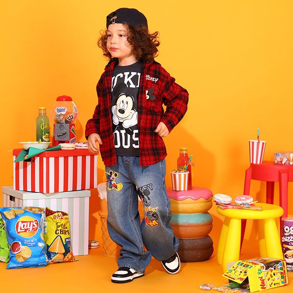 【ベビードール】ミッキー デニムロングパンツ 9685K / ベビーサイズ キッズ ボトム ジーパン ジーンズ ワイドパンツ リンクコーデ ペアルック ウエスト総ゴム ゴム穴付き ベルトループ フェイクボタン アップリケ