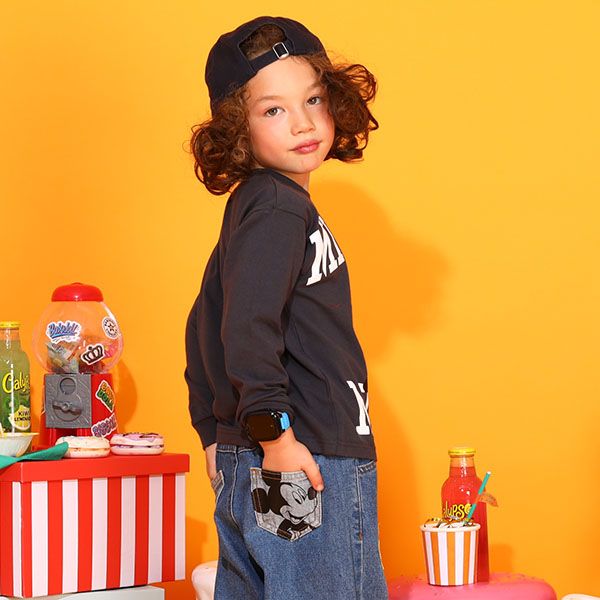 【ベビードール】ミッキー デニムロングパンツ 9685K / ベビーサイズ キッズ ボトム ジーパン ジーンズ ワイドパンツ リンクコーデ ペアルック ウエスト総ゴム ゴム穴付き ベルトループ フェイクボタン アップリケ