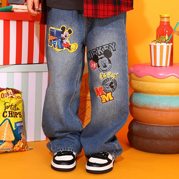 【ベビードール】ミッキー デニムロングパンツ 9685K / ベビーサイズ キッズ ボトム ジーパン ジーンズ ワイドパンツ リンクコーデ ペアルック ウエスト総ゴム ゴム穴付き ベルトループ フェイクボタン アップリケ