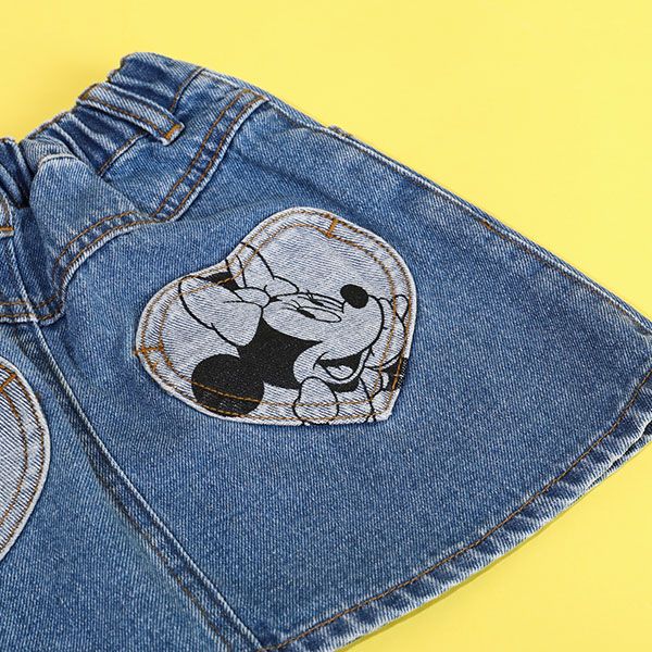 【ベビードール】ミニー デニムスカート 9686K / ベビーサイズ キッズ ボトム ミニスカート リンクコーデ ペアルック ウエスト総ゴム ゴム穴付き ベルトループ フェイクボタン アップリケ