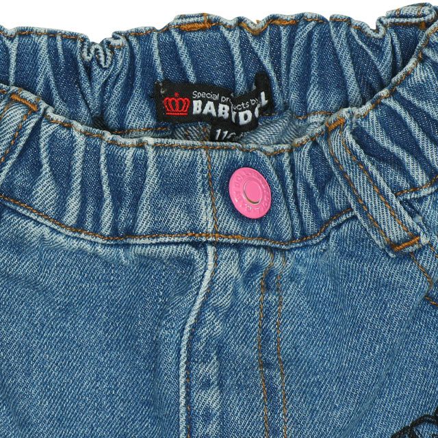 【ベビードール】ミニー デニムスカート 9686K / ベビーサイズ キッズ ボトム ミニスカート リンクコーデ ペアルック ウエスト総ゴム ゴム穴付き ベルトループ フェイクボタン アップリケ