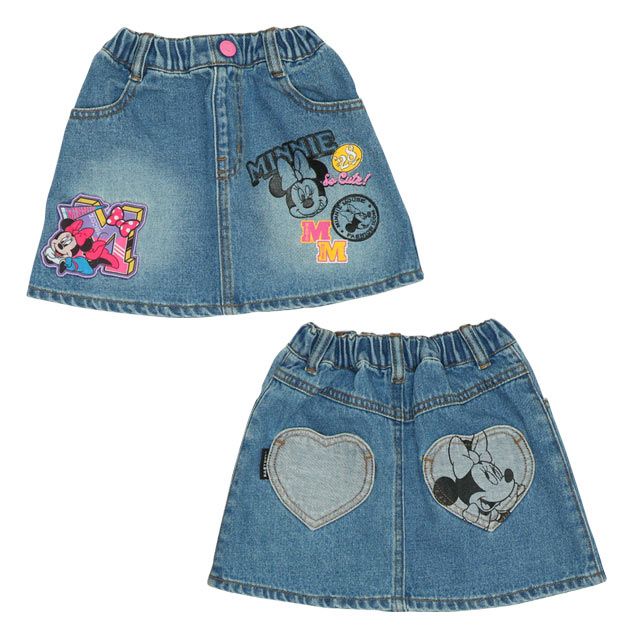 【ベビードール】ミニー デニムスカート 9686K / ベビーサイズ キッズ ボトム ミニスカート リンクコーデ ペアルック ウエスト総ゴム ゴム穴付き ベルトループ フェイクボタン アップリケ