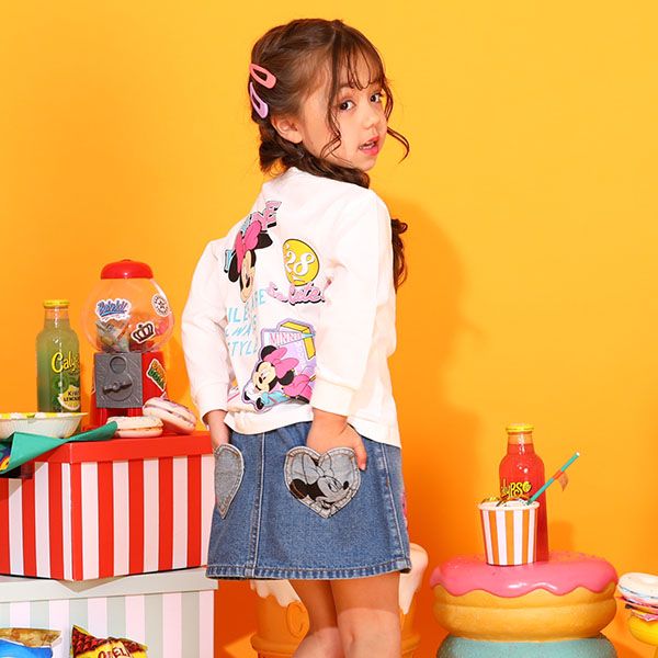 【ベビードール】ミニー デニムスカート 9686K / ベビーサイズ キッズ ボトム ミニスカート リンクコーデ ペアルック ウエスト総ゴム ゴム穴付き ベルトループ フェイクボタン アップリケ