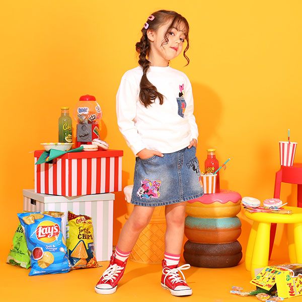 【ベビードール】ミニー デニムスカート 9686K / ベビーサイズ キッズ ボトム ミニスカート リンクコーデ ペアルック ウエスト総ゴム ゴム穴付き ベルトループ フェイクボタン アップリケ