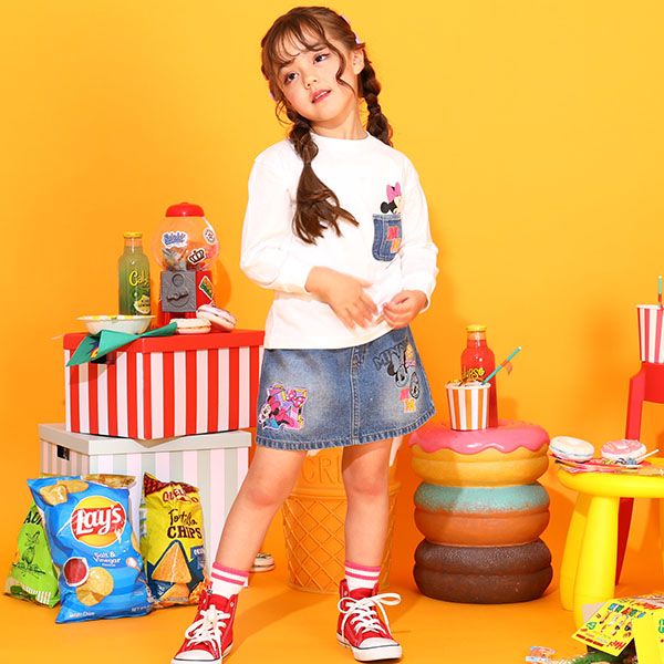 【ベビードール】ミニー デニムスカート 9686K / ベビーサイズ キッズ ボトム ミニスカート リンクコーデ ペアルック ウエスト総ゴム ゴム穴付き ベルトループ フェイクボタン アップリケ