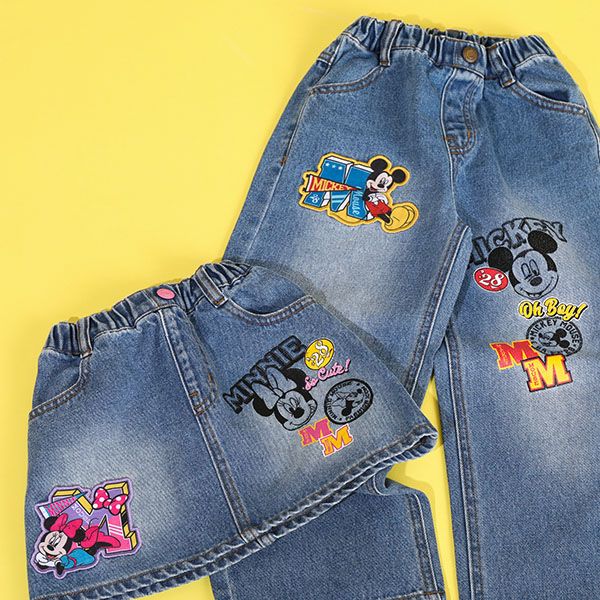 【ベビードール】ミニー デニムスカート 9686K / ベビーサイズ キッズ ボトム ミニスカート リンクコーデ ペアルック ウエスト総ゴム ゴム穴付き ベルトループ フェイクボタン アップリケ