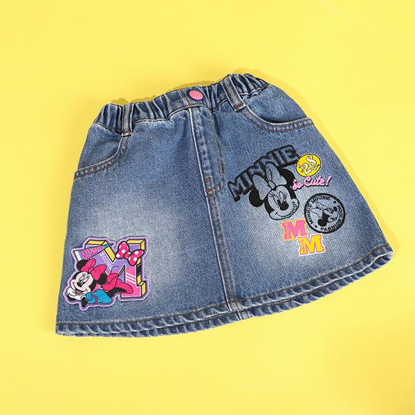 【ベビードール】ミニー デニムスカート 9686K / ベビーサイズ キッズ ボトム ミニスカート リンクコーデ ペアルック ウエスト総ゴム ゴム穴付き ベルトループ フェイクボタン アップリケ