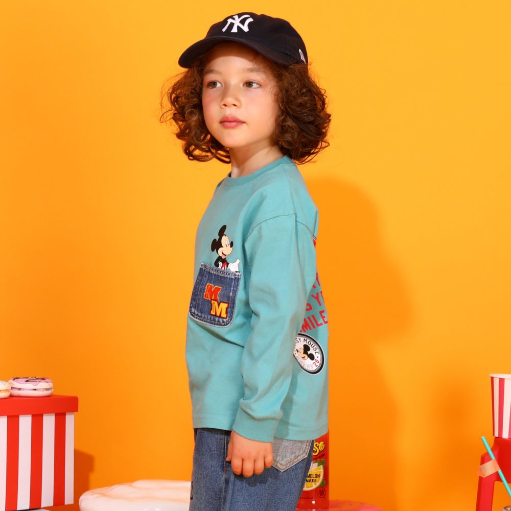 【ベビードール】ミッキー 親子お揃い デニムポケットロンT 9688K / ベビーサイズ キッズ トップス 長袖 Tシャツ クルーネック カットソー リンクコーデ ペアルック 親子コーデ 天竺素材 春秋冬