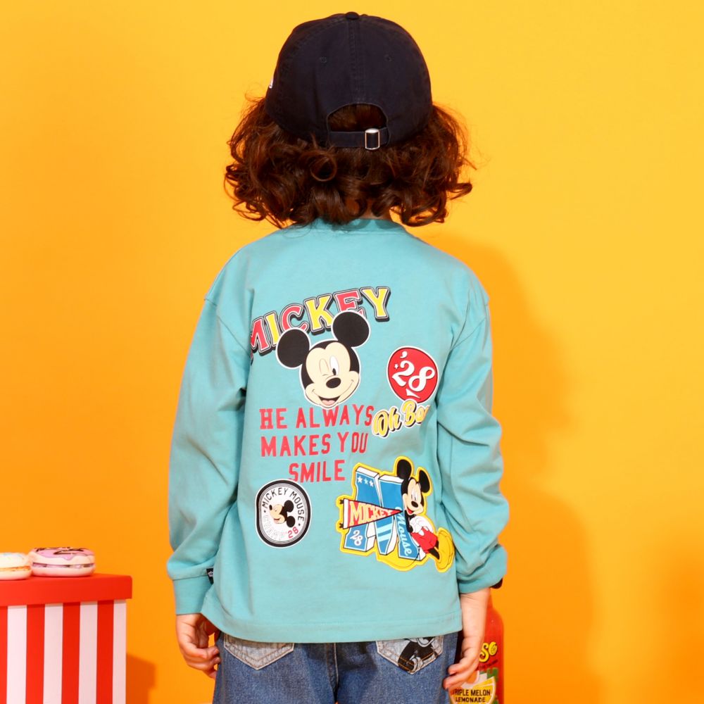 【ベビードール】ミッキー 親子お揃い デニムポケットロンT 9688K / ベビーサイズ キッズ トップス 長袖 Tシャツ クルーネック カットソー リンクコーデ ペアルック 親子コーデ 天竺素材 春秋冬