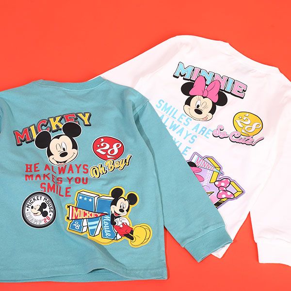 【ベビードール】ミッキー 親子お揃い デニムポケットロンT 9688K / ベビーサイズ キッズ トップス 長袖 Tシャツ クルーネック カットソー リンクコーデ ペアルック 親子コーデ 天竺素材 春秋冬