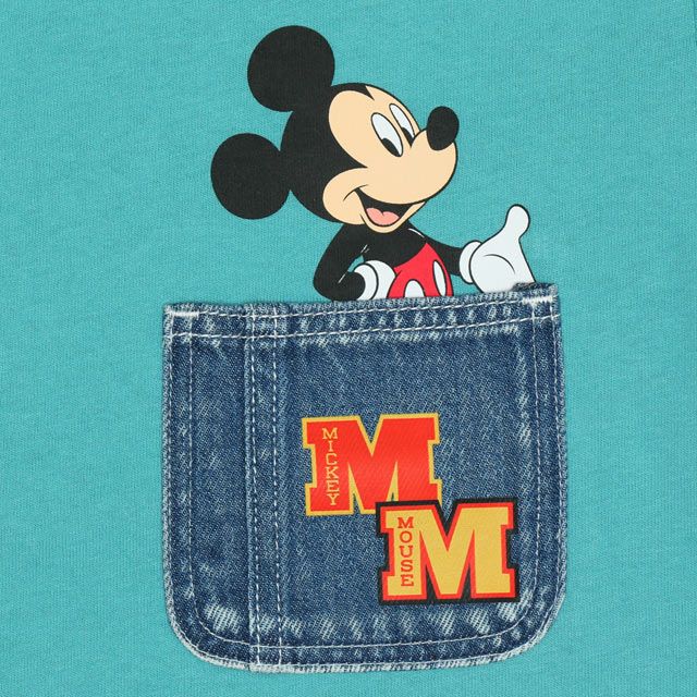 【ベビードール】ミッキー 親子お揃い デニムポケットロンT 9688K / ベビーサイズ キッズ トップス 長袖 Tシャツ クルーネック カットソー リンクコーデ ペアルック 親子コーデ 天竺素材 春秋冬