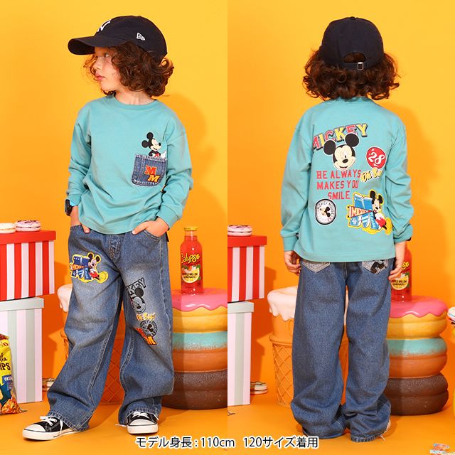 【ベビードール】ミッキー 親子お揃い デニムポケットロンT 9688K / ベビーサイズ キッズ トップス 長袖 Tシャツ クルーネック カットソー リンクコーデ ペアルック 親子コーデ 天竺素材 春秋冬