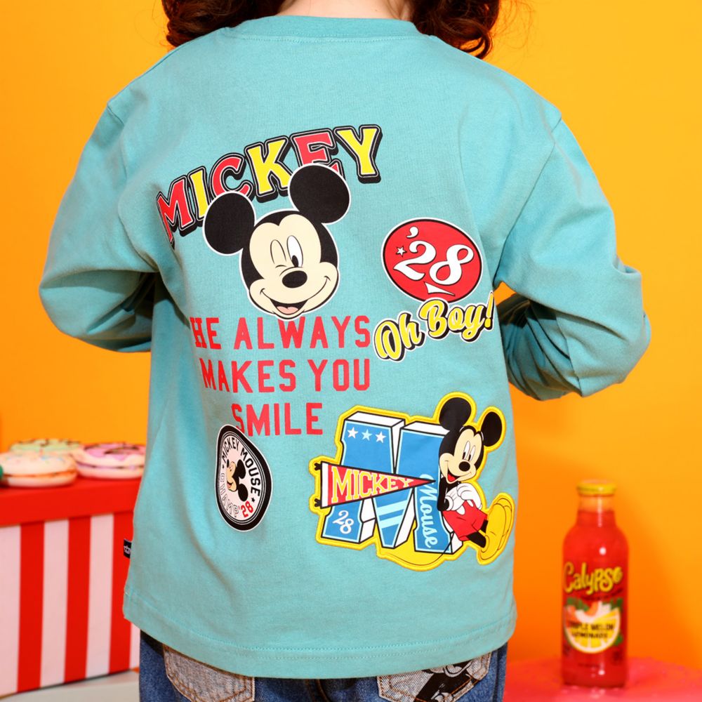 【ベビードール】ミッキー 親子お揃い デニムポケットロンT 9688K / ベビーサイズ キッズ トップス 長袖 Tシャツ クルーネック カットソー リンクコーデ ペアルック 親子コーデ 天竺素材 春秋冬