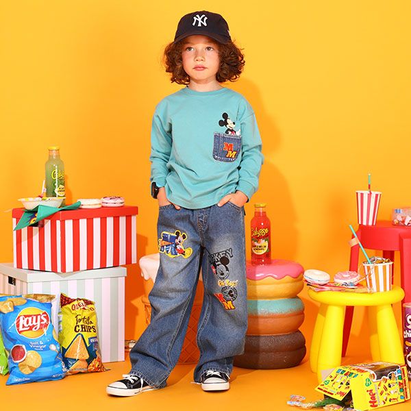 【ベビードール】ミッキー 親子お揃い デニムポケットロンT 9688K / ベビーサイズ キッズ トップス 長袖 Tシャツ クルーネック カットソー リンクコーデ ペアルック 親子コーデ 天竺素材 春秋冬