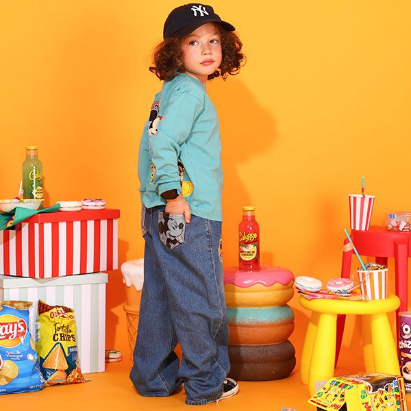【ベビードール】ミッキー 親子お揃い デニムポケットロンT 9688K / ベビーサイズ キッズ トップス 長袖 Tシャツ クルーネック カットソー リンクコーデ ペアルック 親子コーデ 天竺素材 春秋冬