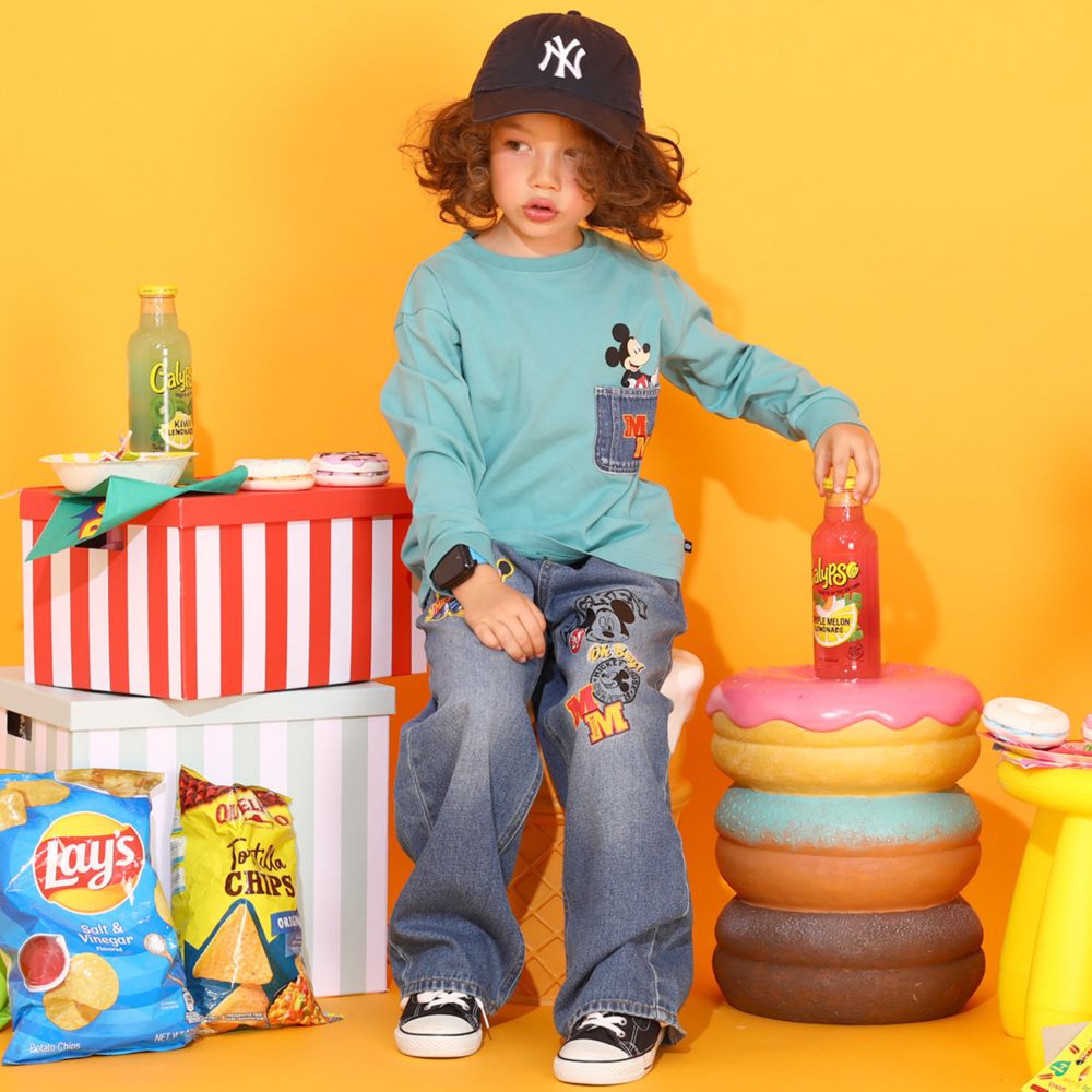 【ベビードール】ミッキー 親子お揃い デニムポケットロンT 9688K / ベビーサイズ キッズ トップス 長袖 Tシャツ クルーネック カットソー リンクコーデ ペアルック 親子コーデ 天竺素材 春秋冬