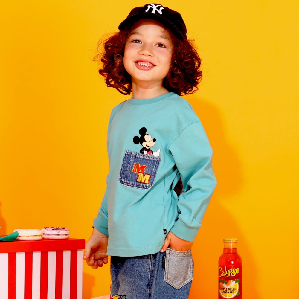 【ベビードール】ミッキー 親子お揃い デニムポケットロンT 9688K / ベビーサイズ キッズ トップス 長袖 Tシャツ クルーネック カットソー リンクコーデ ペアルック 親子コーデ 天竺素材 春秋冬