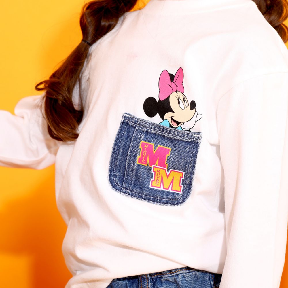 【ベビードール】ミニー 親子お揃い デニムポケットロンT 9688K / ベビーサイズ キッズ トップス 長袖 Tシャツ クルーネック カットソー リンクコーデ ペアルック 親子コーデ 天竺素材 春秋冬