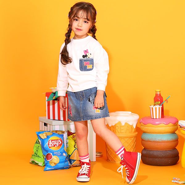 【ベビードール】ミニー 親子お揃い デニムポケットロンT 9688K / ベビーサイズ キッズ トップス 長袖 Tシャツ クルーネック カットソー リンクコーデ ペアルック 親子コーデ 天竺素材 春秋冬