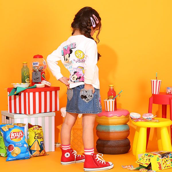 【ベビードール】ミニー 親子お揃い デニムポケットロンT 9688K / ベビーサイズ キッズ トップス 長袖 Tシャツ クルーネック カットソー リンクコーデ ペアルック 親子コーデ 天竺素材 春秋冬