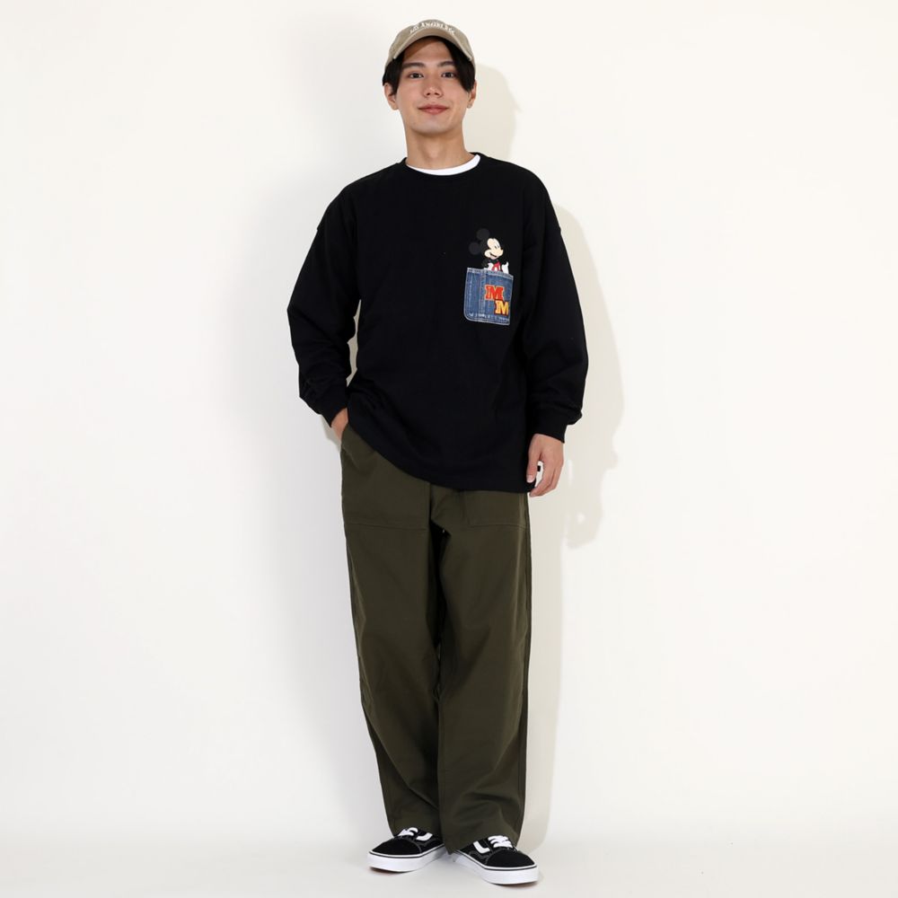 【ベビードール】ミッキー 親子お揃い デニムポケットロンT 9688A / 大人 ユニセックス 男女兼用 リンクコーデ ペアルック 親子コーデ トップス 長袖 Tシャツ クルーネック カットソー 天竺素材 春秋冬