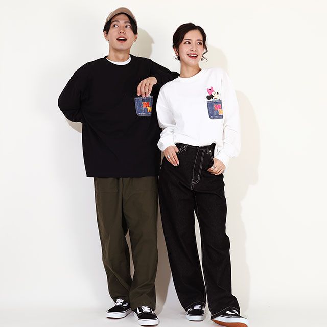 【ベビードール】ミッキー 親子お揃い デニムポケットロンT 9688A / 大人 ユニセックス 男女兼用 リンクコーデ ペアルック 親子コーデ トップス 長袖 Tシャツ クルーネック カットソー 天竺素材 春秋冬