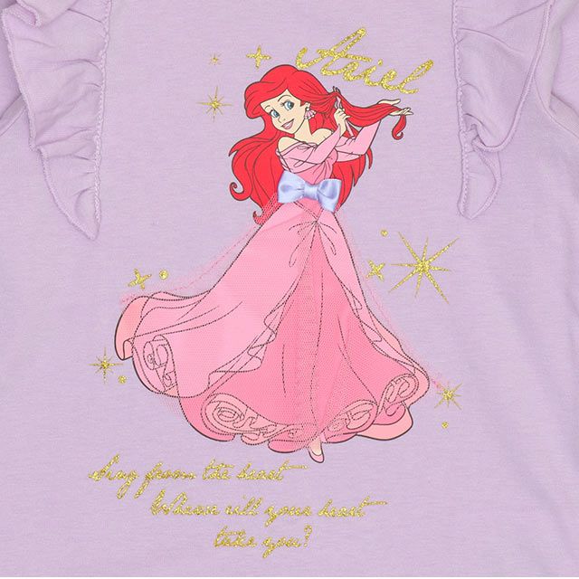 【ベビードール】アリエル プリンセス / 肩フリルロンT 9693K / キッズ トップス 長袖 立体モチーフ 一部ラメプリント、チュール 天竺素材 お姫様 ガーリー