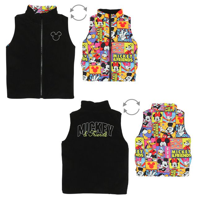 【ベビードール】ミッキーフレンズ リバーシブル中綿ベスト 9846K / ベビーサイズ キッズ トップス アウター ベスト 袖なし ノースリーブ ボア素材 フリース 秋冬 あったか 防寒 ミッキー ミニー ドナルド デイジー プルート グーフィー