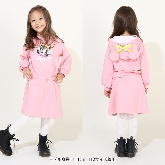 【ベビードール】ミニー 耳付きワンピース 9850K / ベビーサイズ キッズ ワンピ スカート 耳付きフード 立体モチーフ ウエスト部分ゴム入り