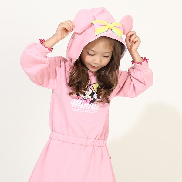 【ベビードール】ミニー 耳付きワンピース 9850K / ベビーサイズ キッズ ワンピ スカート 耳付きフード 立体モチーフ ウエスト部分ゴム入り