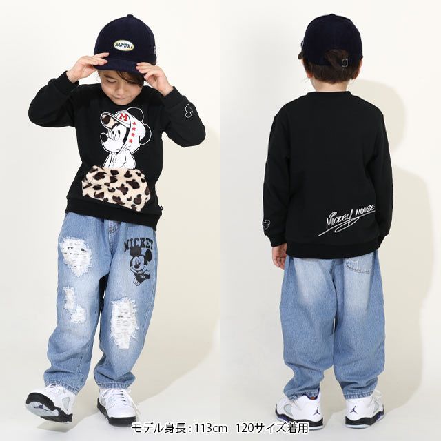 【ベビードール】ミッキー アニマル柄ダメージデニムロングパンツ 9984K / ベビーサイズ キッズ ボトム ジーパン ジーンズ リンクコーデ ペアルック ウエスト総ゴム ゴム穴付き フェイクボタン